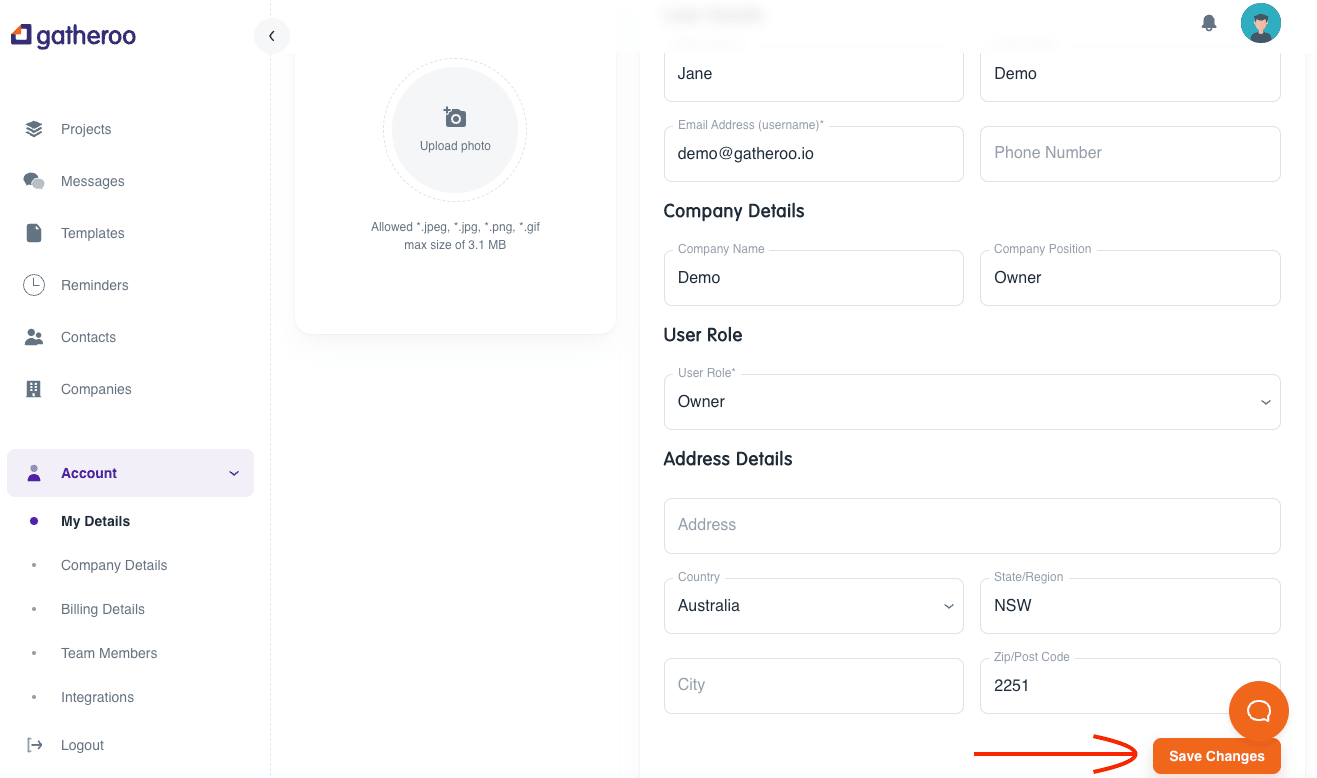 demo personalise account save changes-Gatheroo