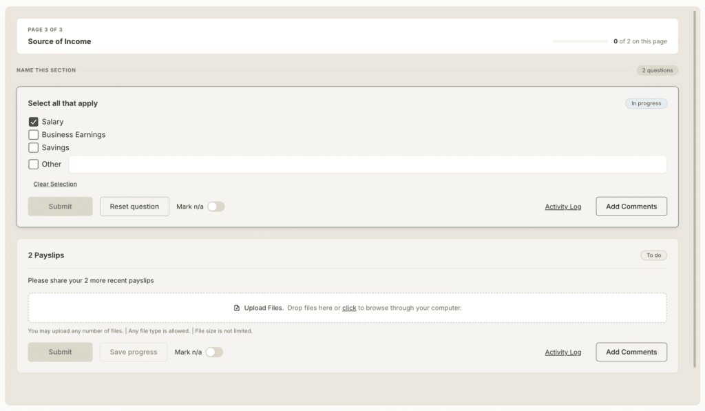 A Gatheroo request showing a document upload field with instructions and an example attached to the question.