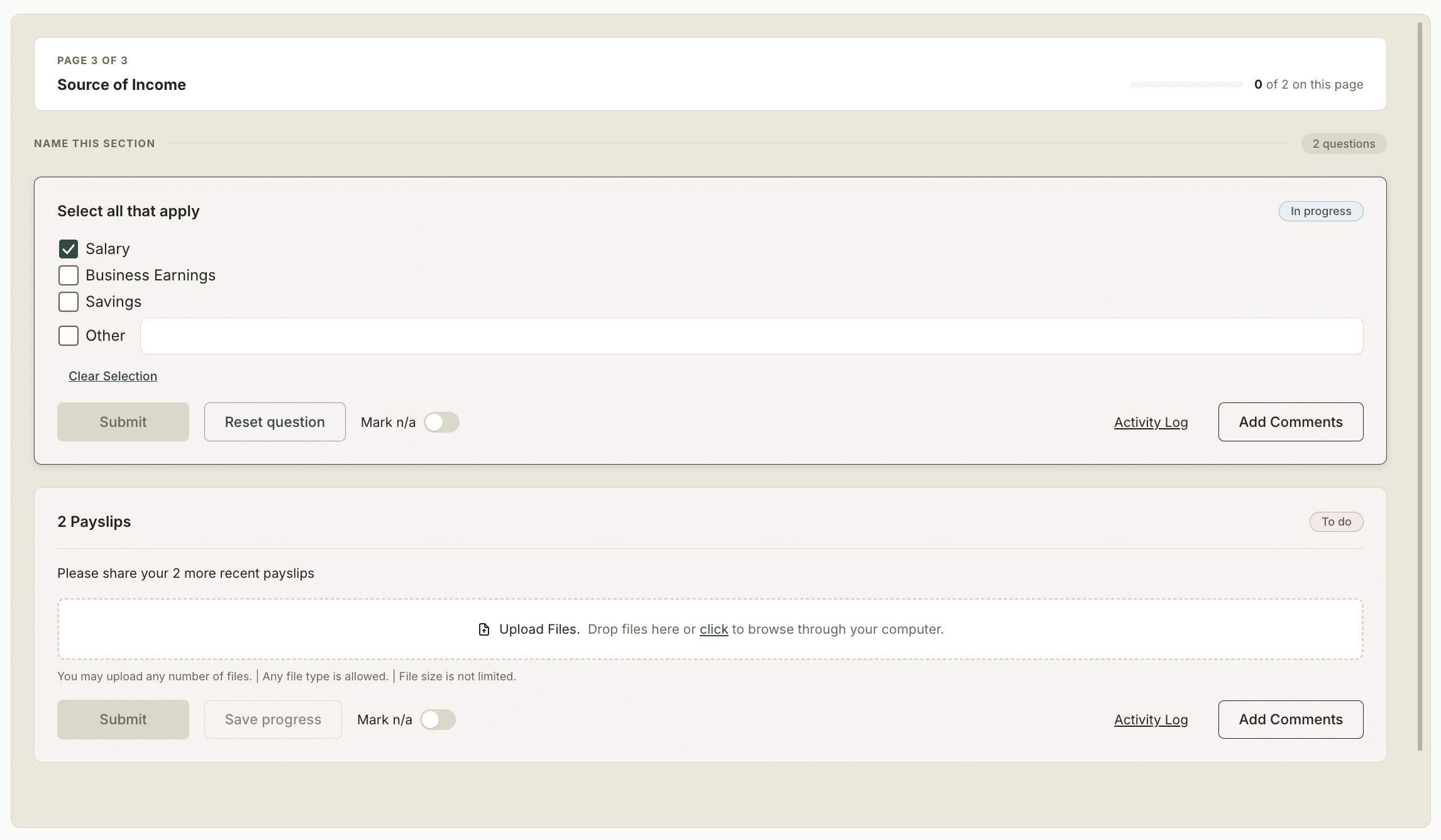 A Gatheroo request showing a document upload field with instructions and an example attached to the question.