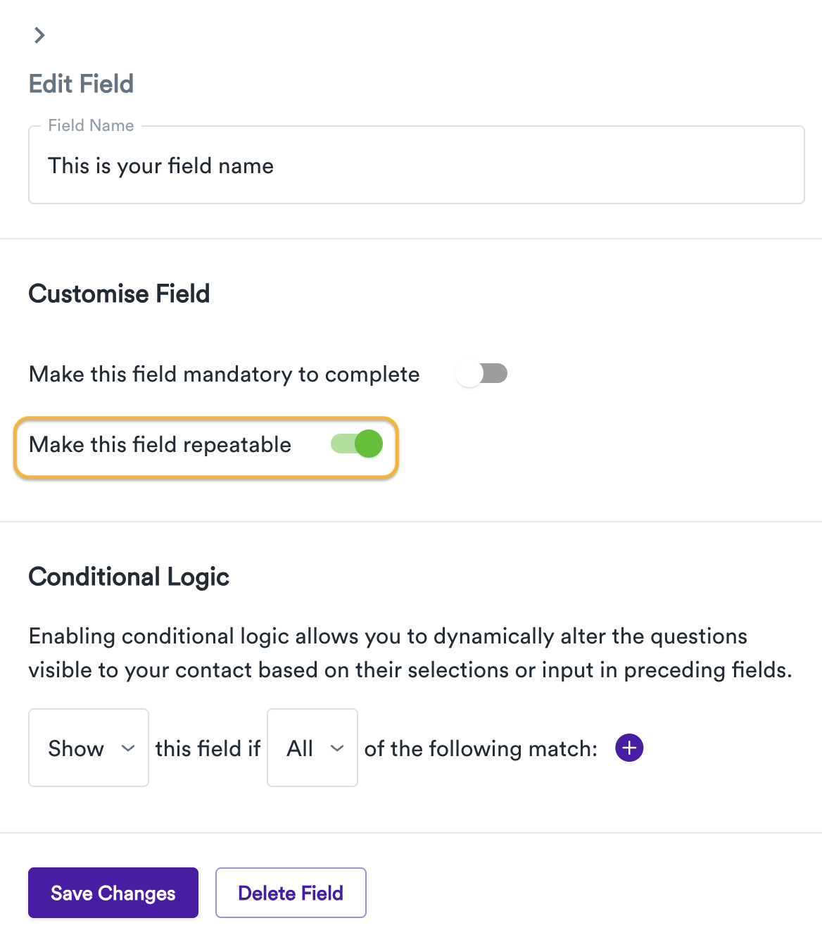 Selecting the repeatable field option in a Gatheroo request