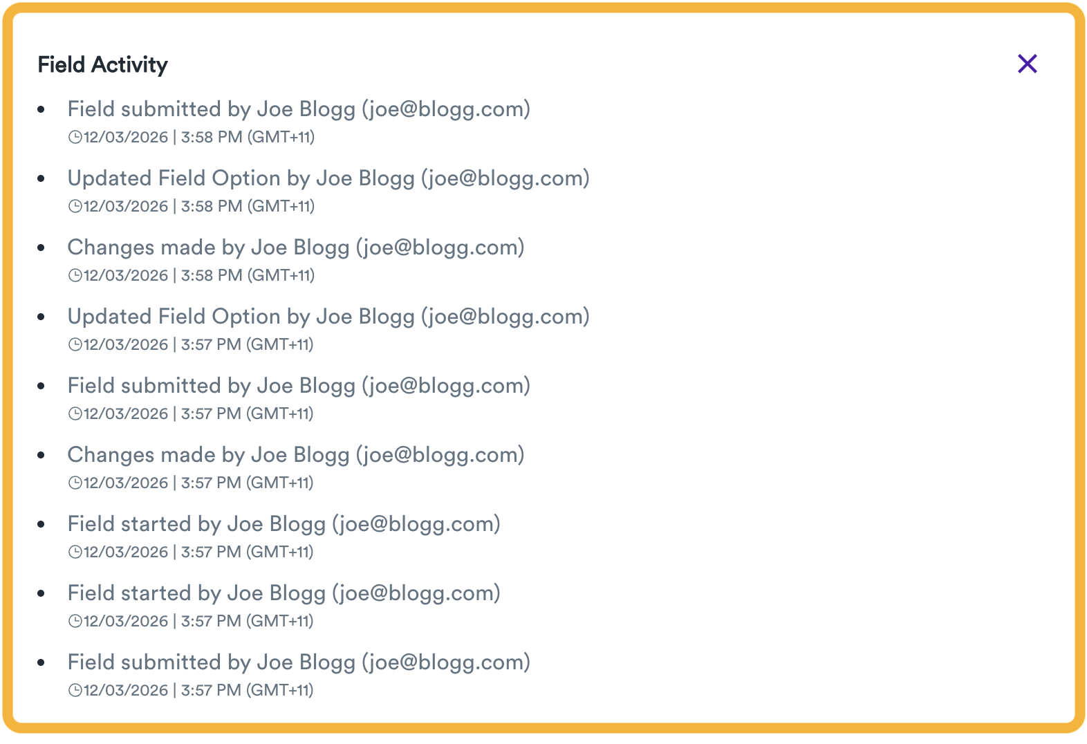 Activity logs in Gatheroo for a specific field shows how the field has been actioned