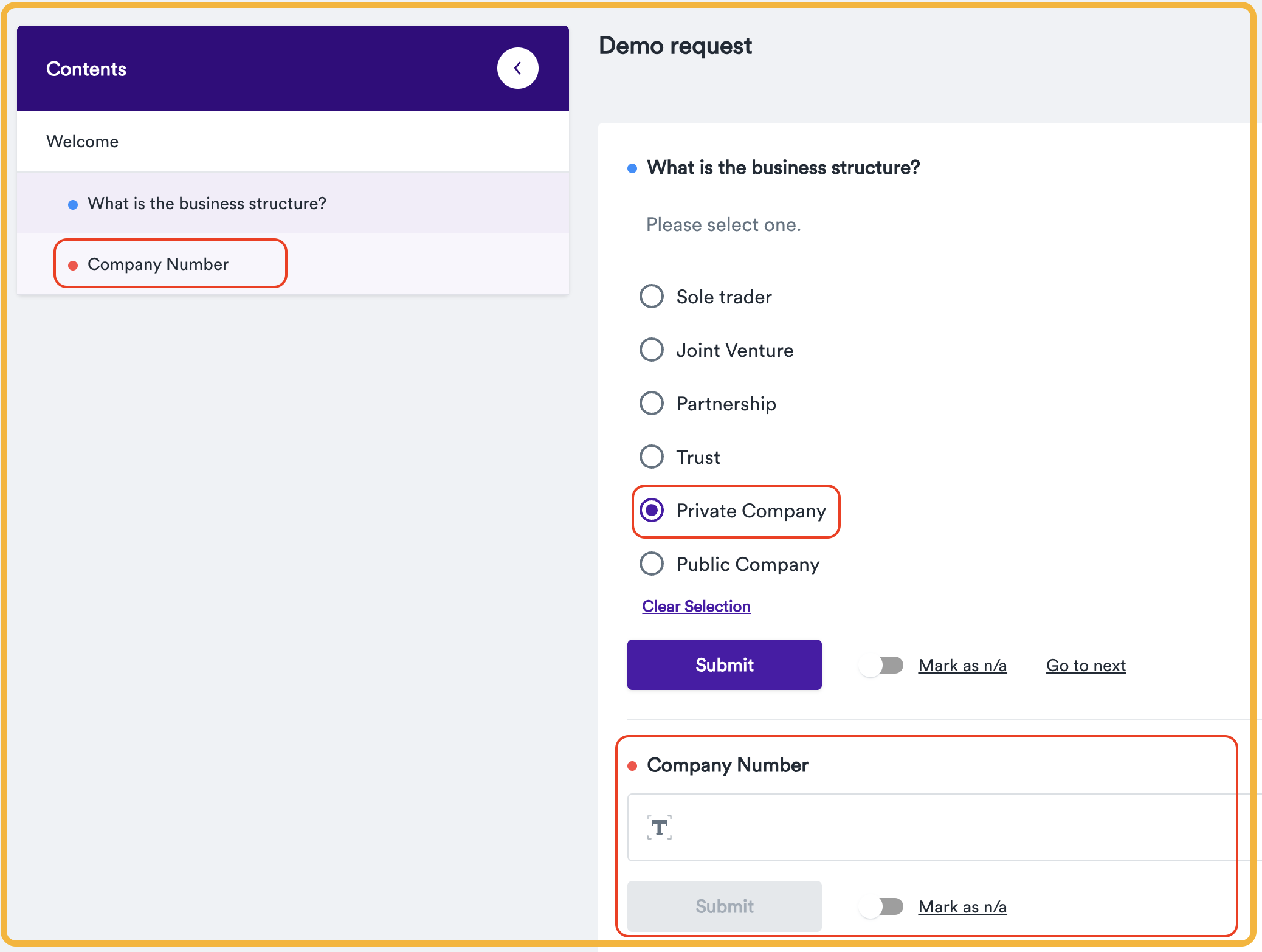 A different answer selected on that question displays a different follow up question.