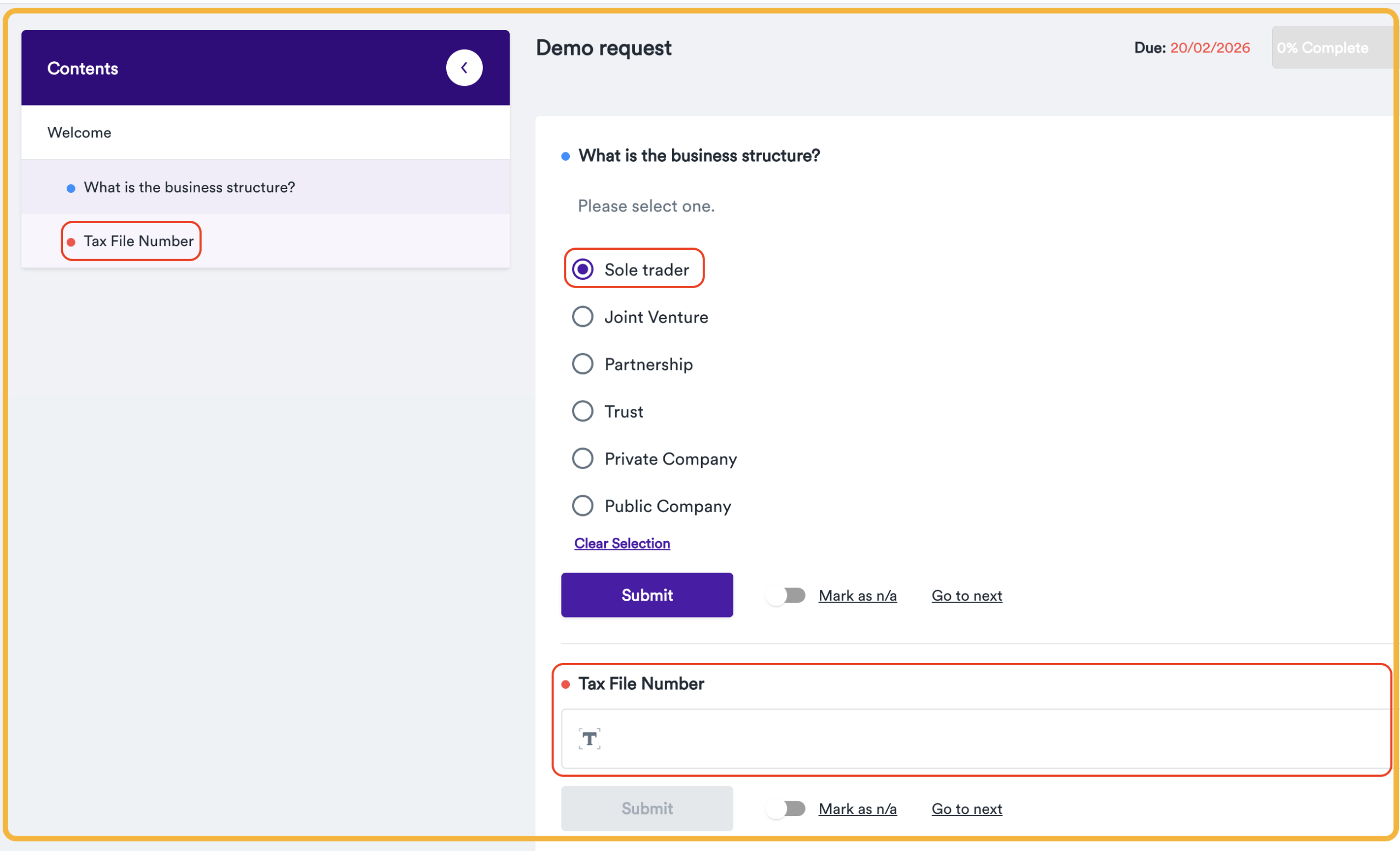 Sole trader is selected, and the following question displayed is the relevant question for this answer