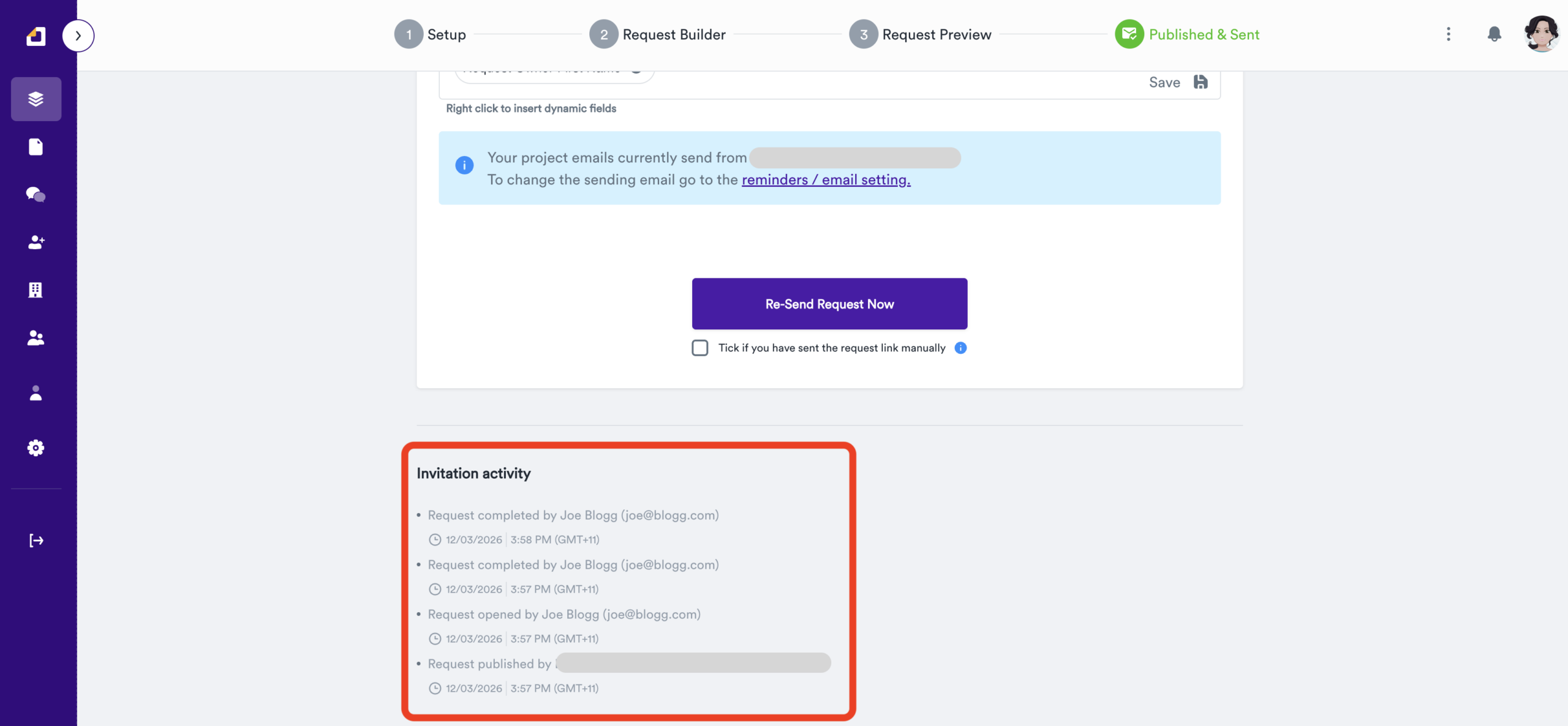 Where to find Gatheroo's activity log for the request invitation