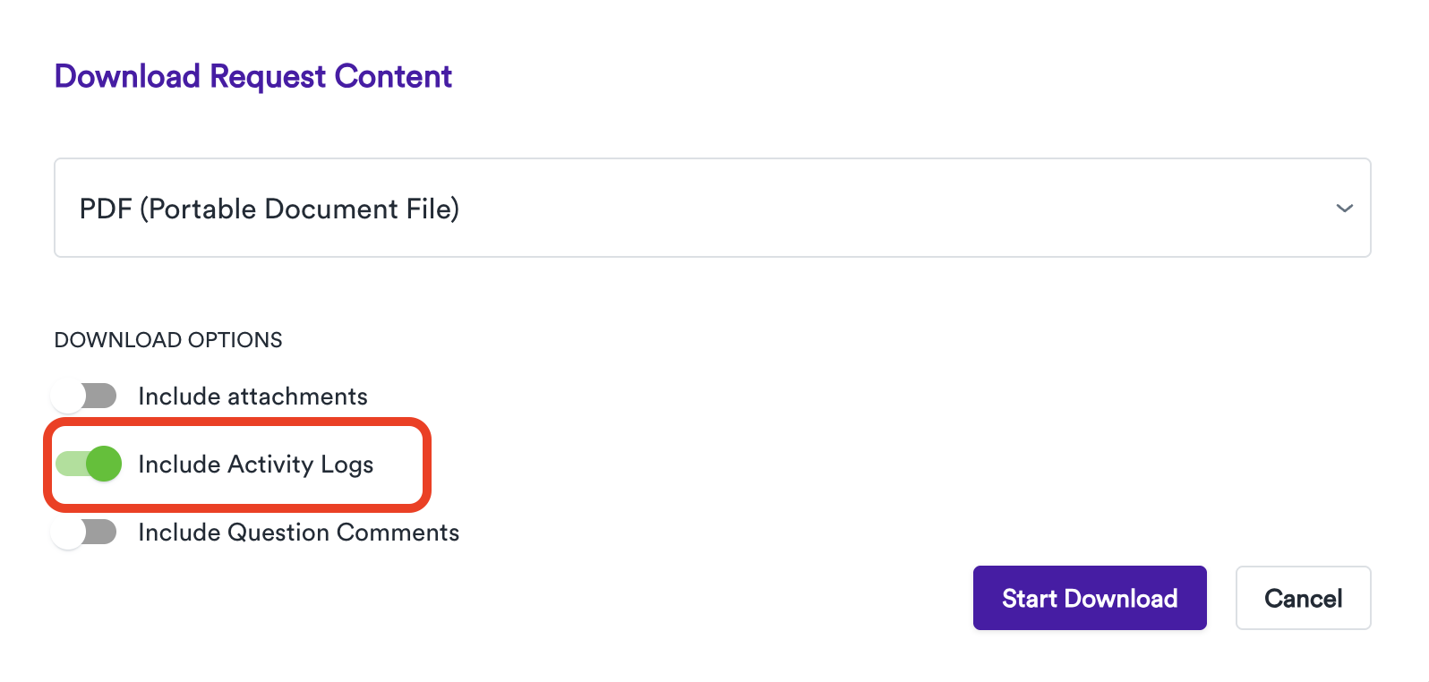 Select "Activity Logs" when downloading your request PDF in Gatheroo