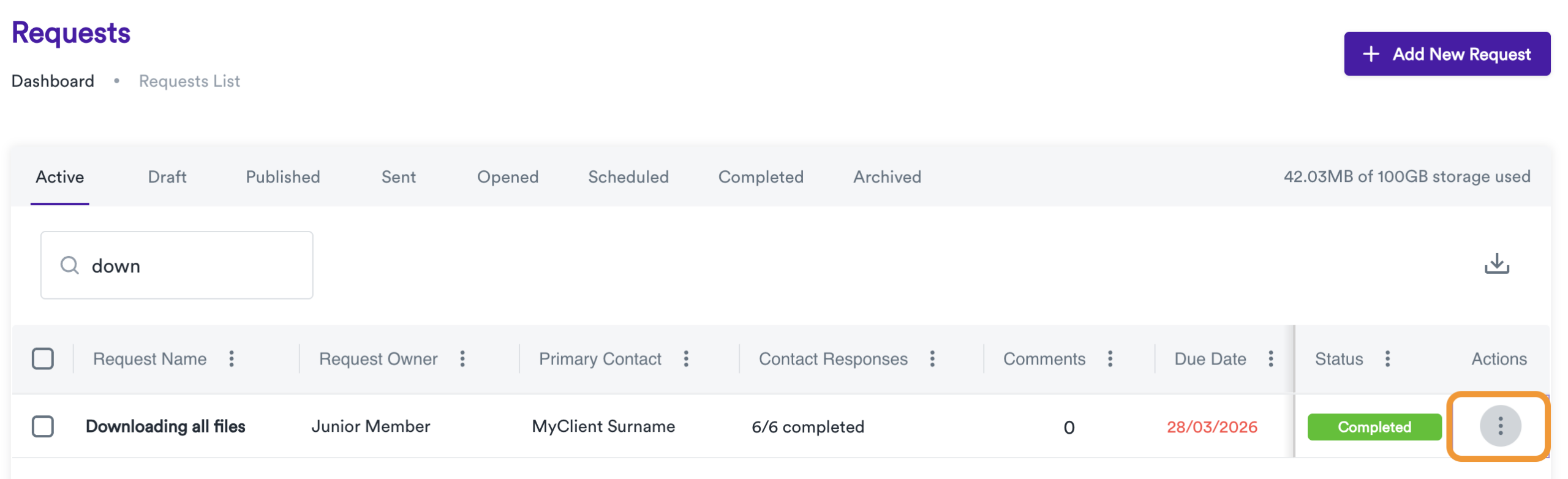 Selecting the Actions Menu from your Gatheroo Request Dashboard is easy and efficient