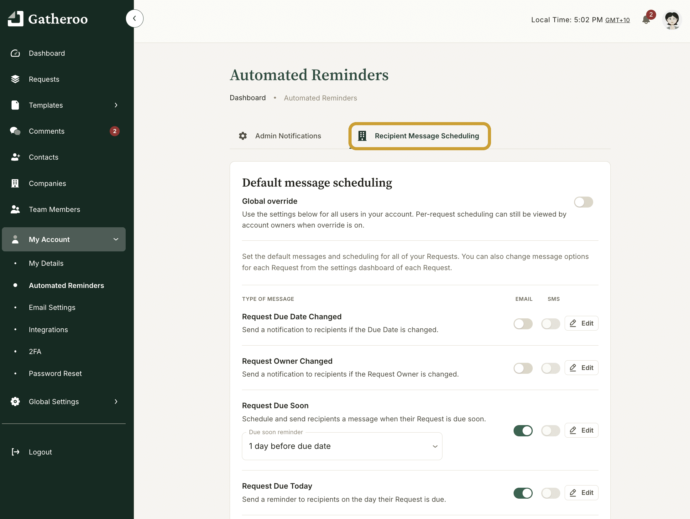 Automated Reminders - recipient message scheduling