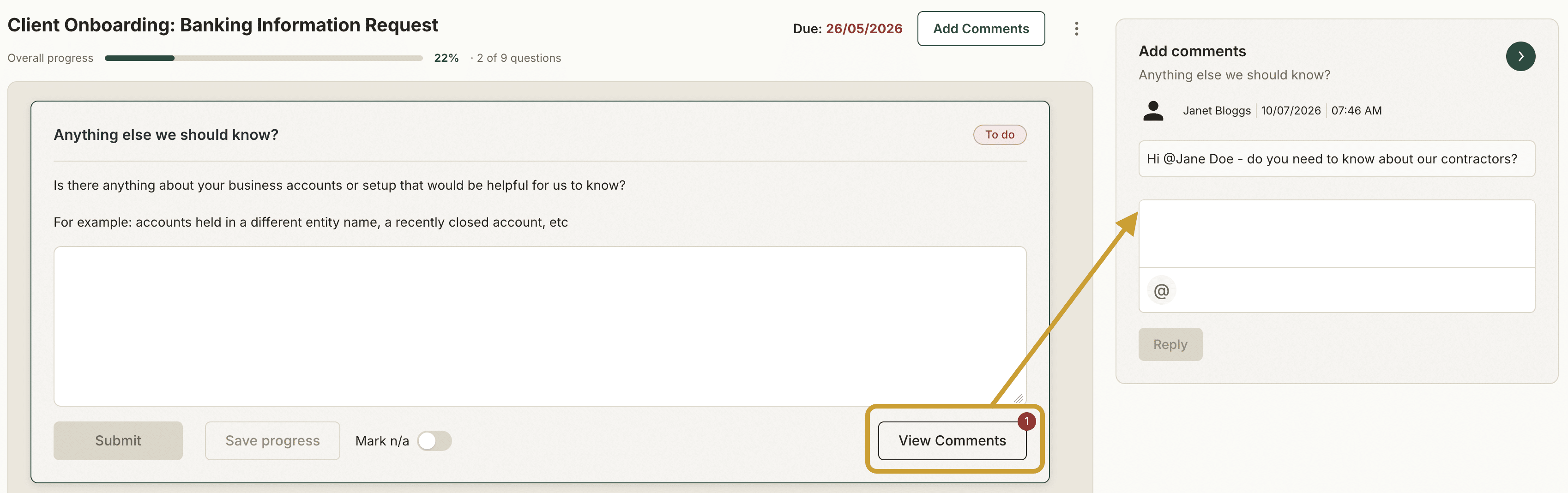 View shows a client comment attached to a question in a Gatheroo request