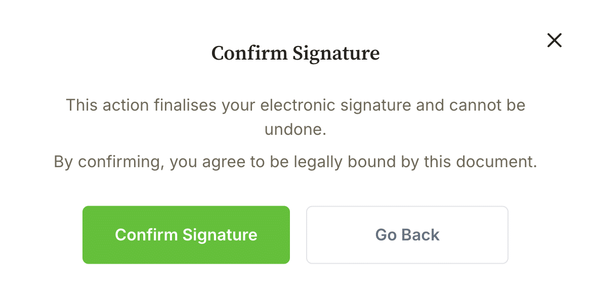 Gatheroo pop up will ask to confirm that the signature should be submitted as this locks the request.