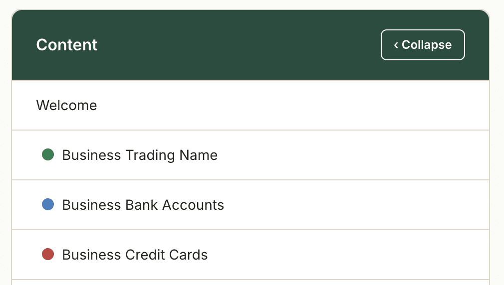 Individual question progress can be seen on the left hand menu by clients, with red, blue and green dots denoting the status of the answer.
