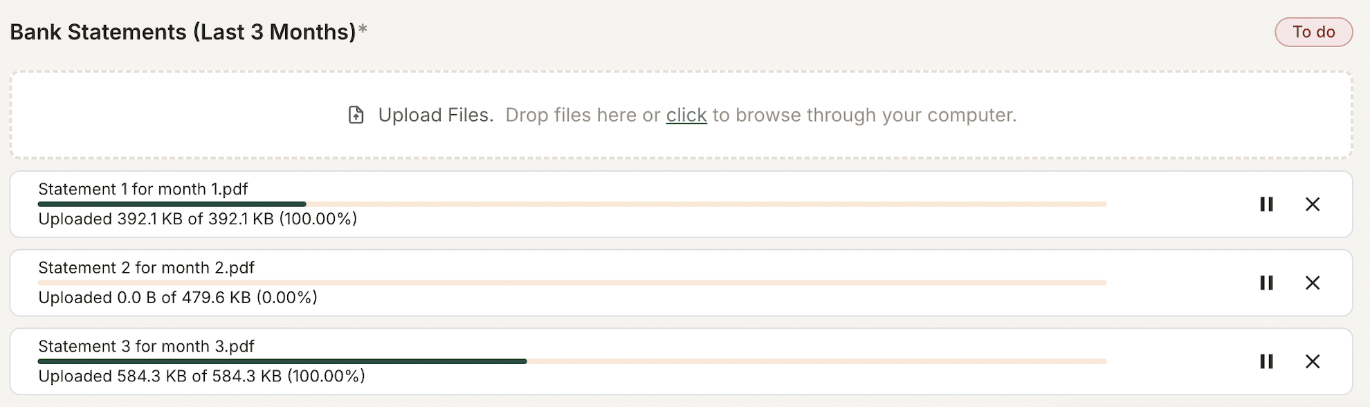 The client's view of a files uploading to Gatheroo portal.