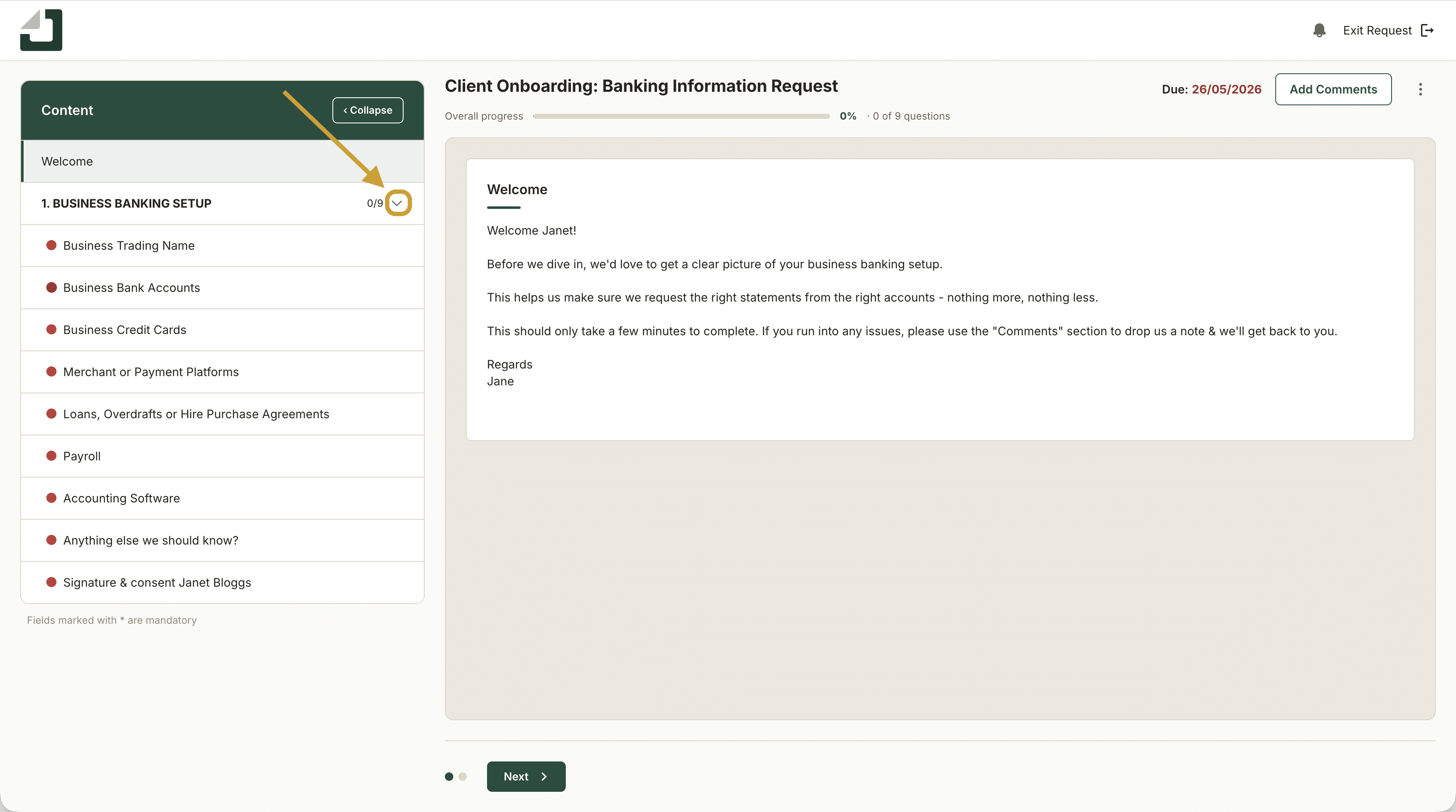 The first screen a client sees when opening a Gatheroo request. Menu on the left and a welcome message