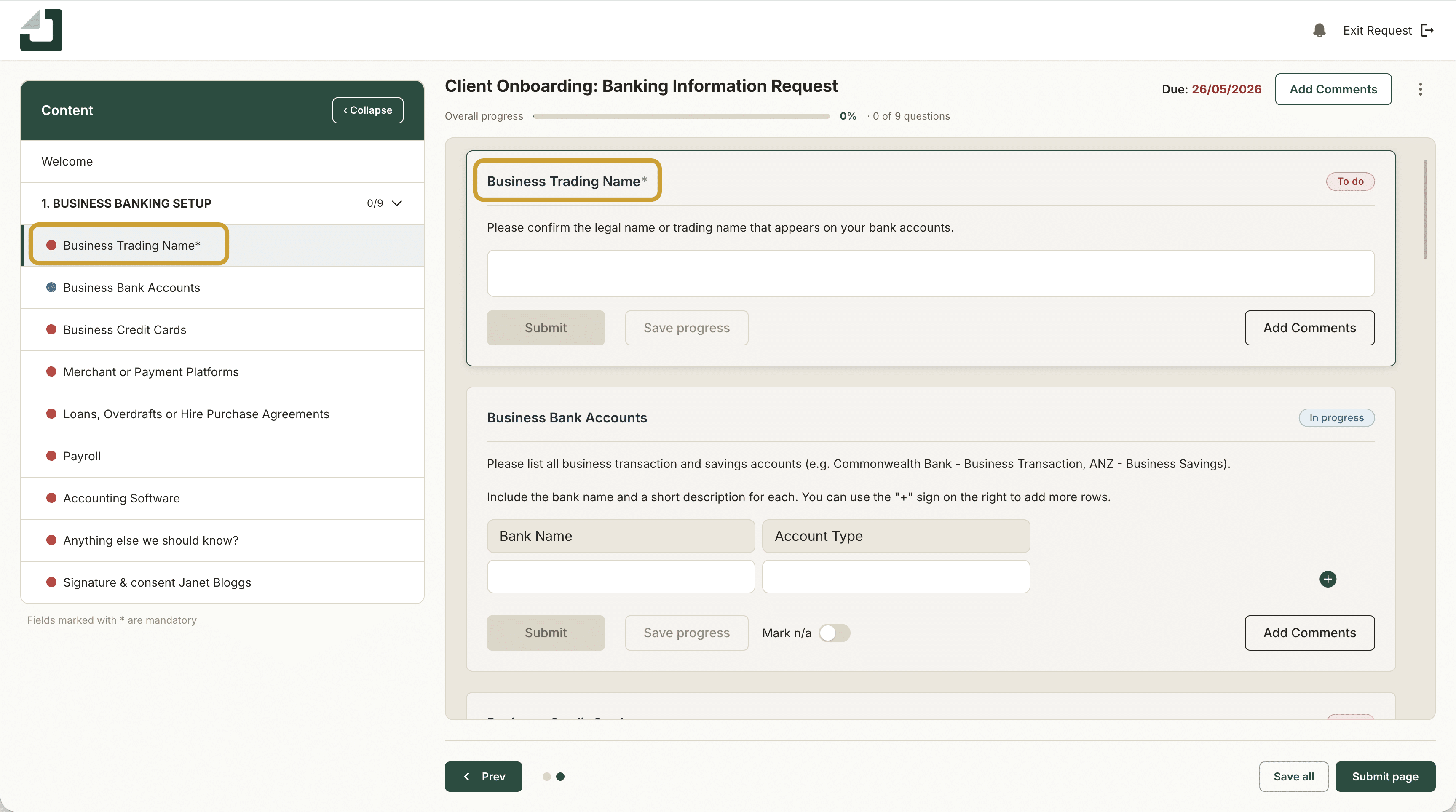 Client view showing the asterisk denoting a mandatory question