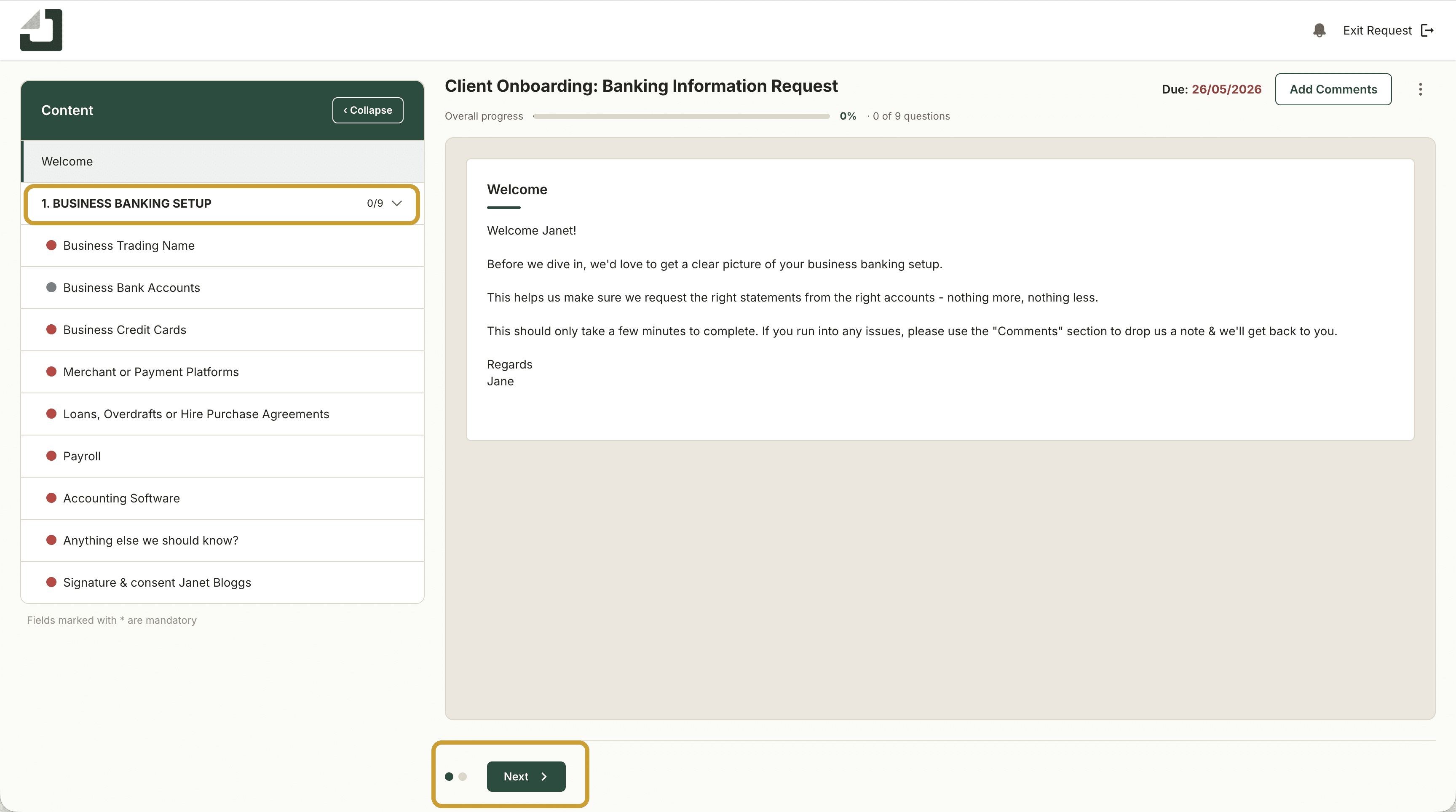 Client view of a Gatheroo request - navigating through pages with the Next button at the bottom of the screen or through the left hand menu