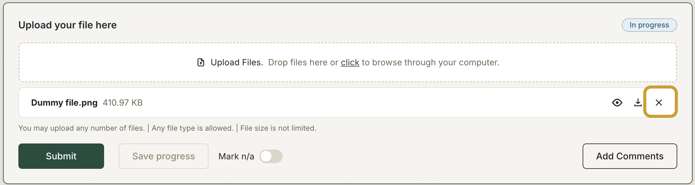 Clients can remove a file from an answer easily through the X alongside the file.