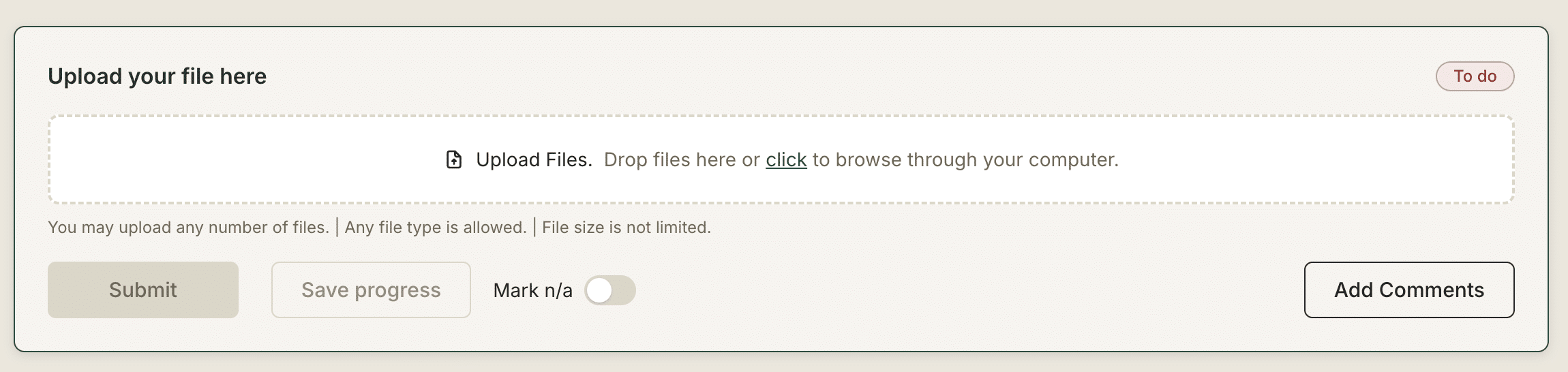 A file upload field in Gatheroo from a client's view