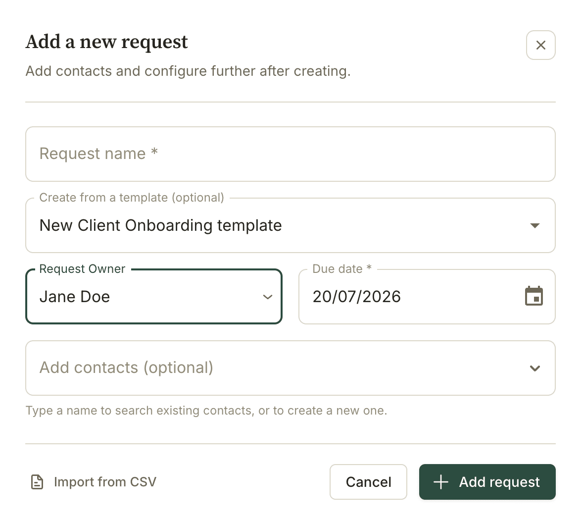 Create a request from request dashboard using a template