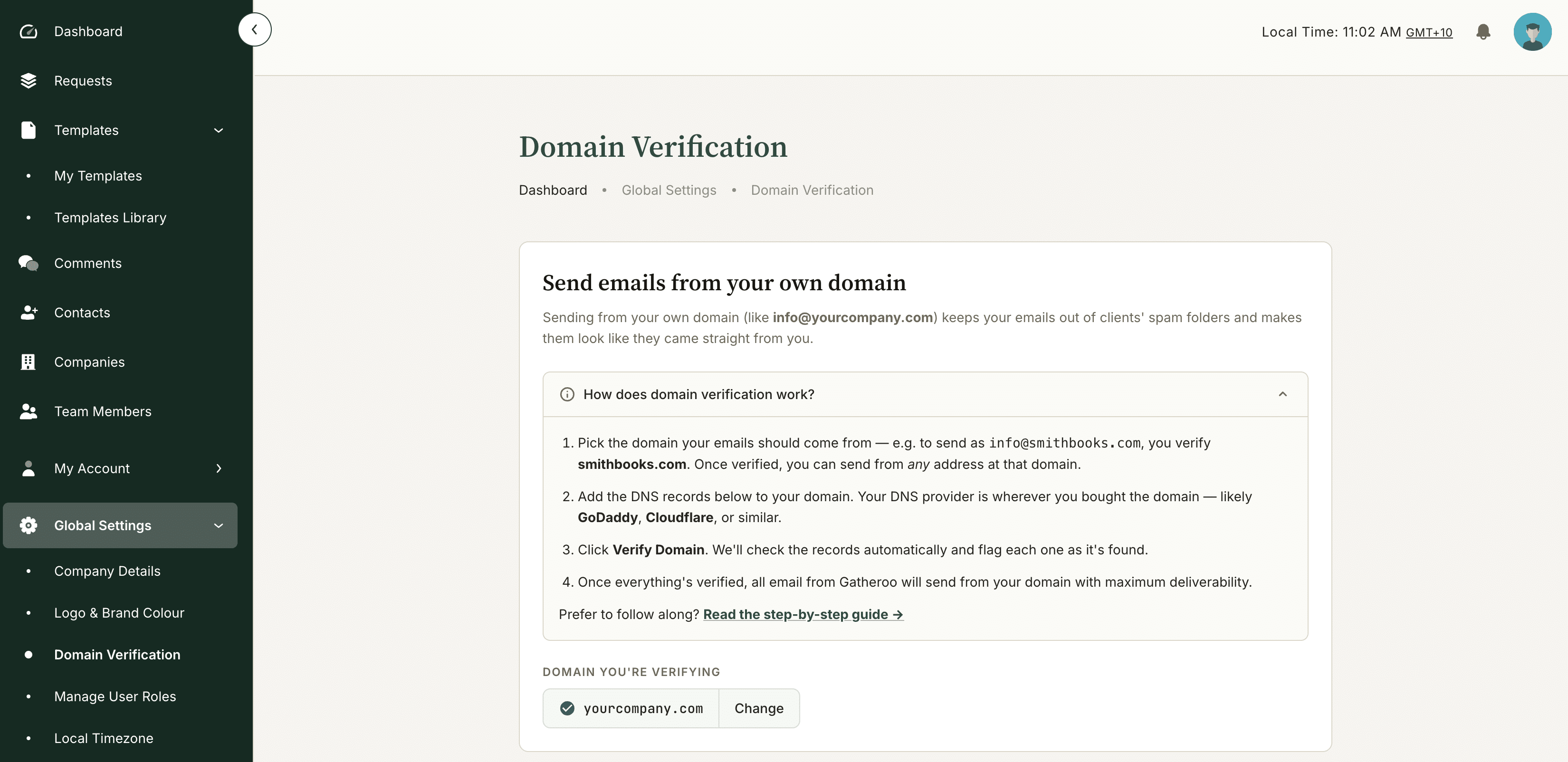 Screen showing the domain to be verified