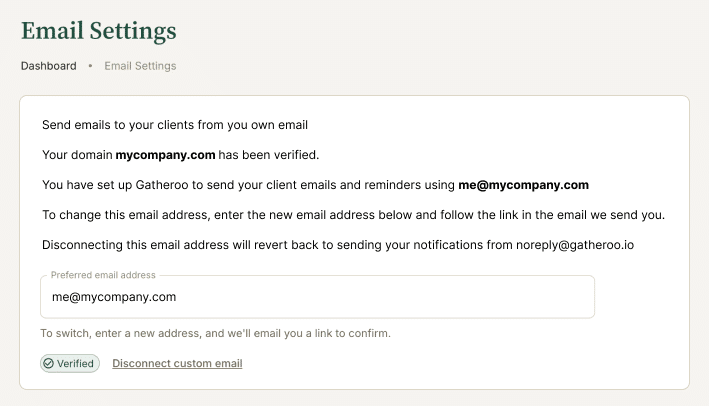 Individual email settings verified in a Gatheroo user account