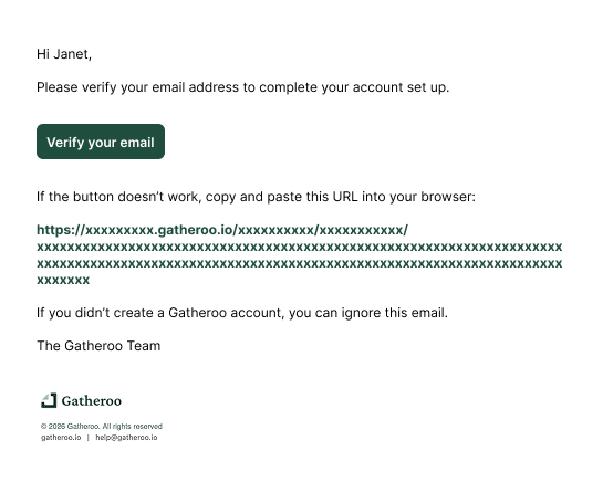 An example email for a new account requiring email verification.