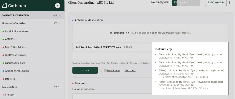 Gatheroo client portal showing a secure document request template for accountants with ID verification and compliance sections