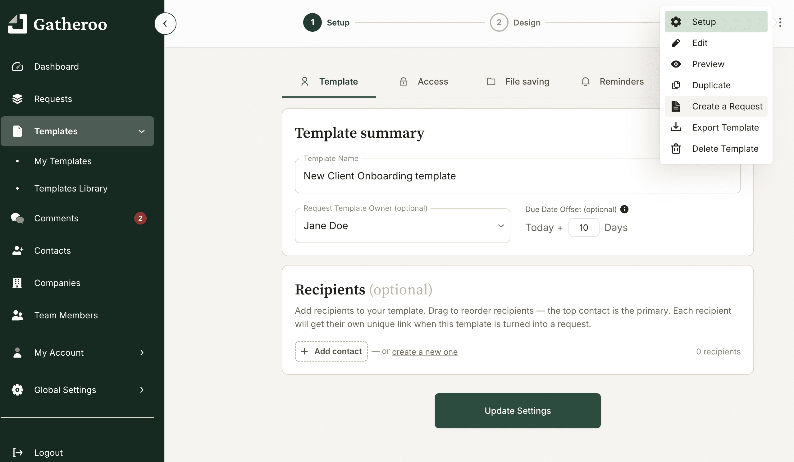 From a template select create a request