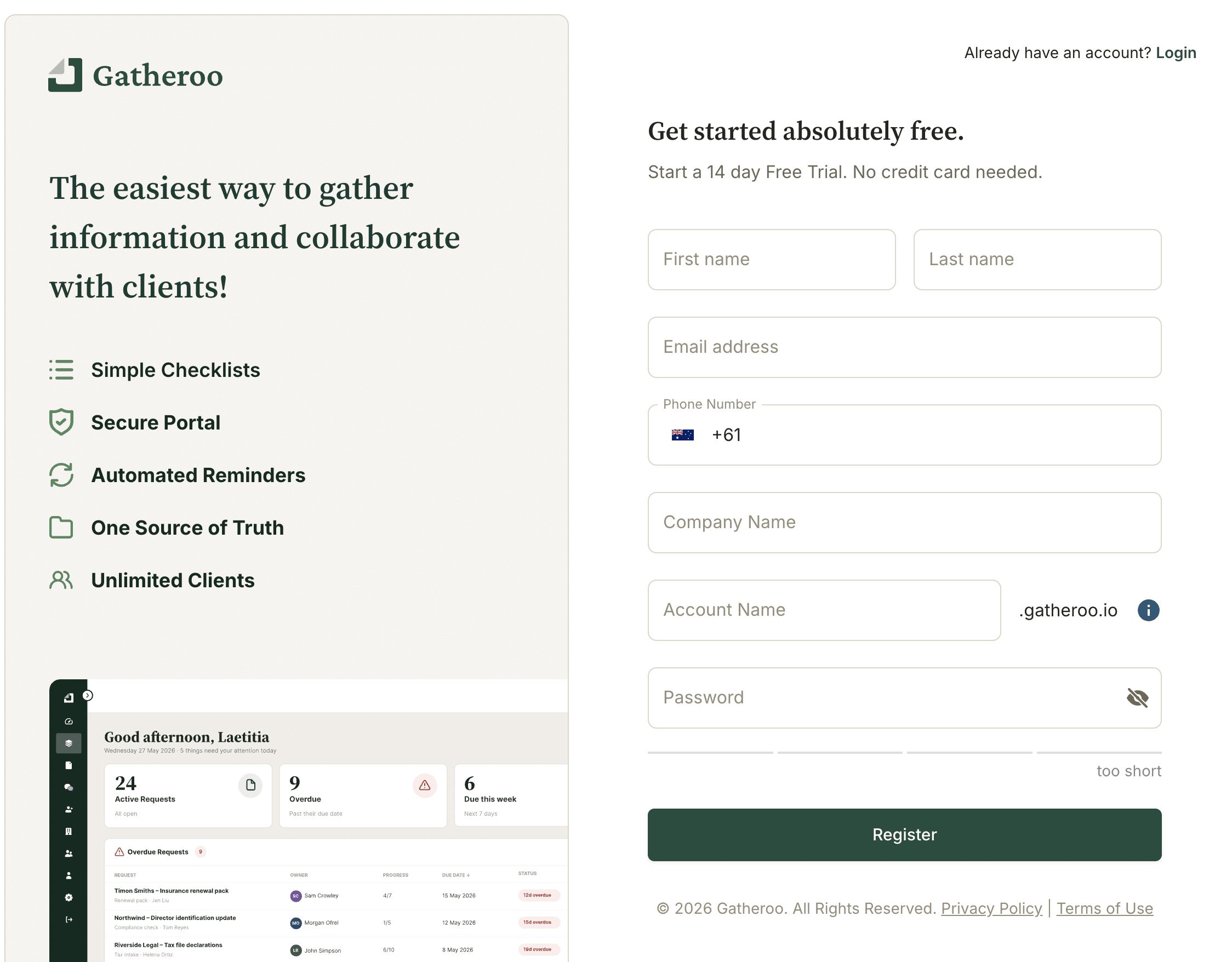 Gatheroo's registration screen requires a name, email, Business name and password