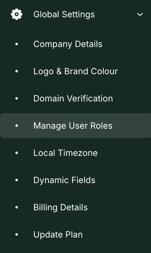 Manage User Role menu item under Global Settings