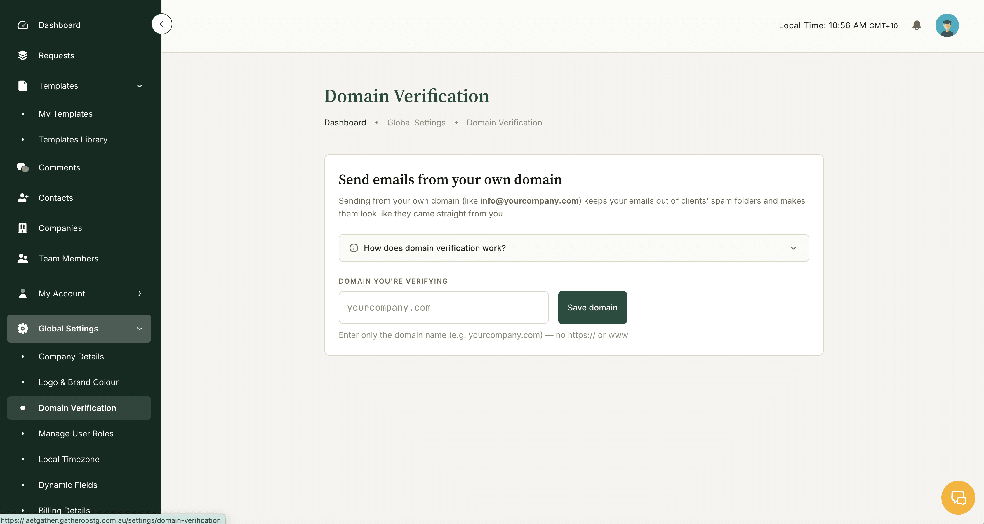 The first thing you will see when selecting Domain Verification in Gatheroo will prompt you to open instructions or start the process