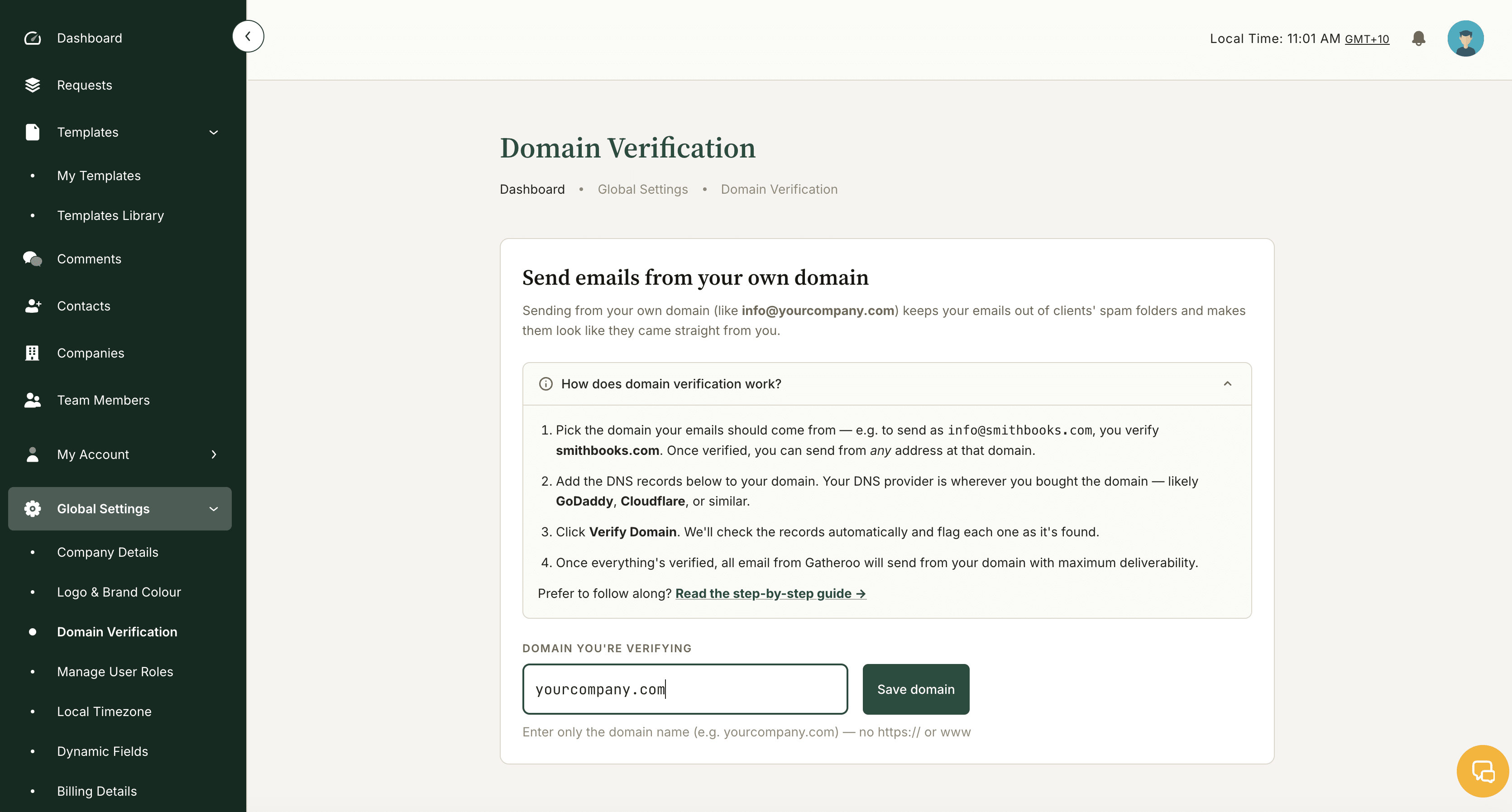 Entering your domain in this step is the first step to verifying your domain