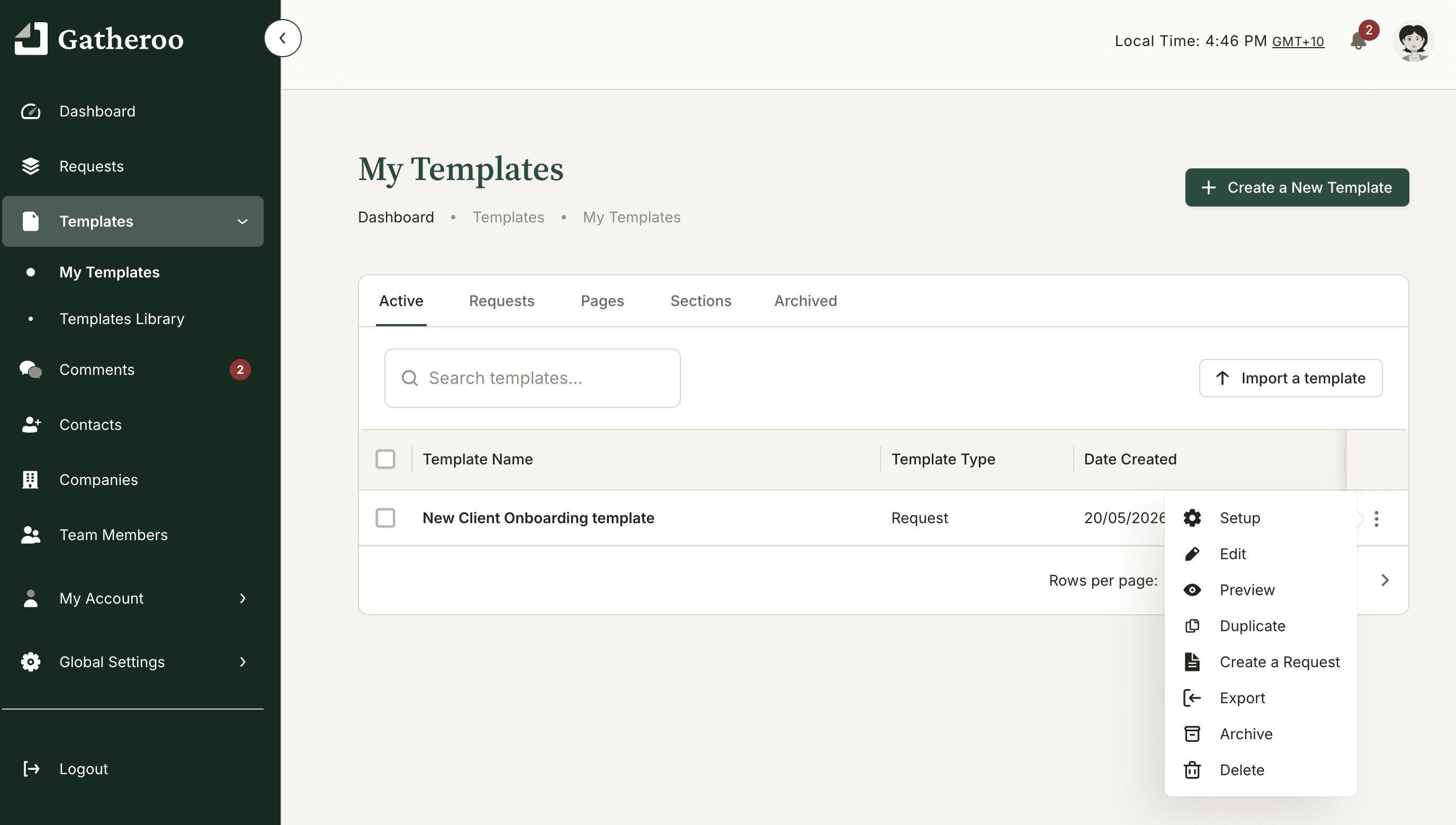 Select a template from template dashboard and create a request