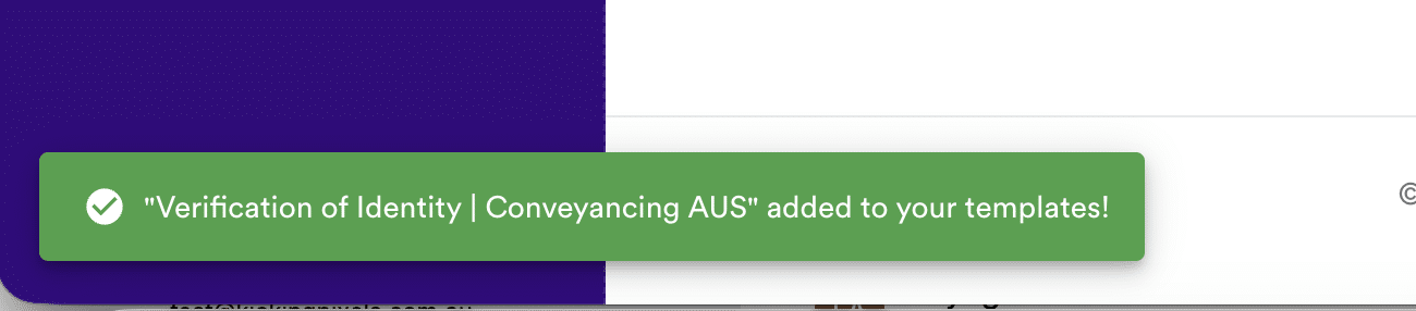 The successful addition of a template pop-up message