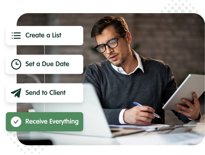 Man is sitting in front of a computer and following Gatheroo's 3 easy steps to collecting information from clients securely.