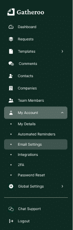 Gatheroo Software menu showing Email Settings selected