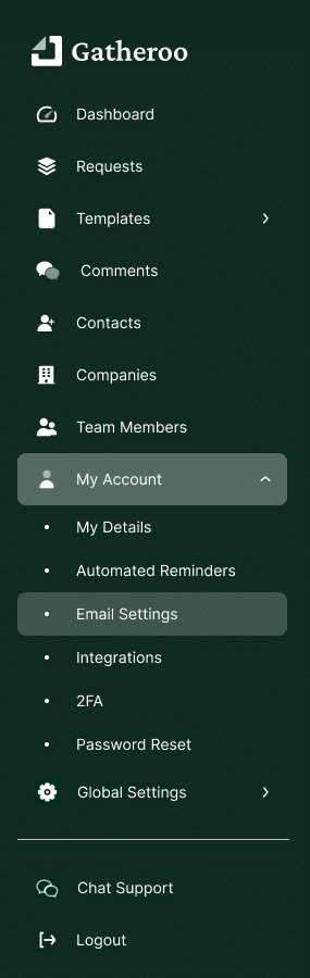 Gatheroo Software menu showing Email Settings selected