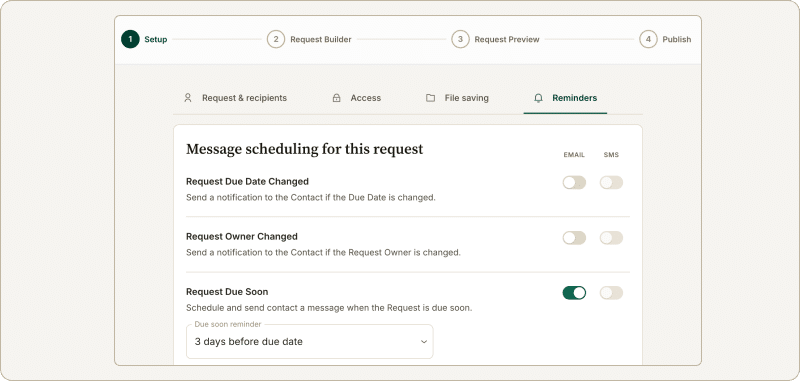 The Setup step, reminder tab contains the settings for the automated reminders