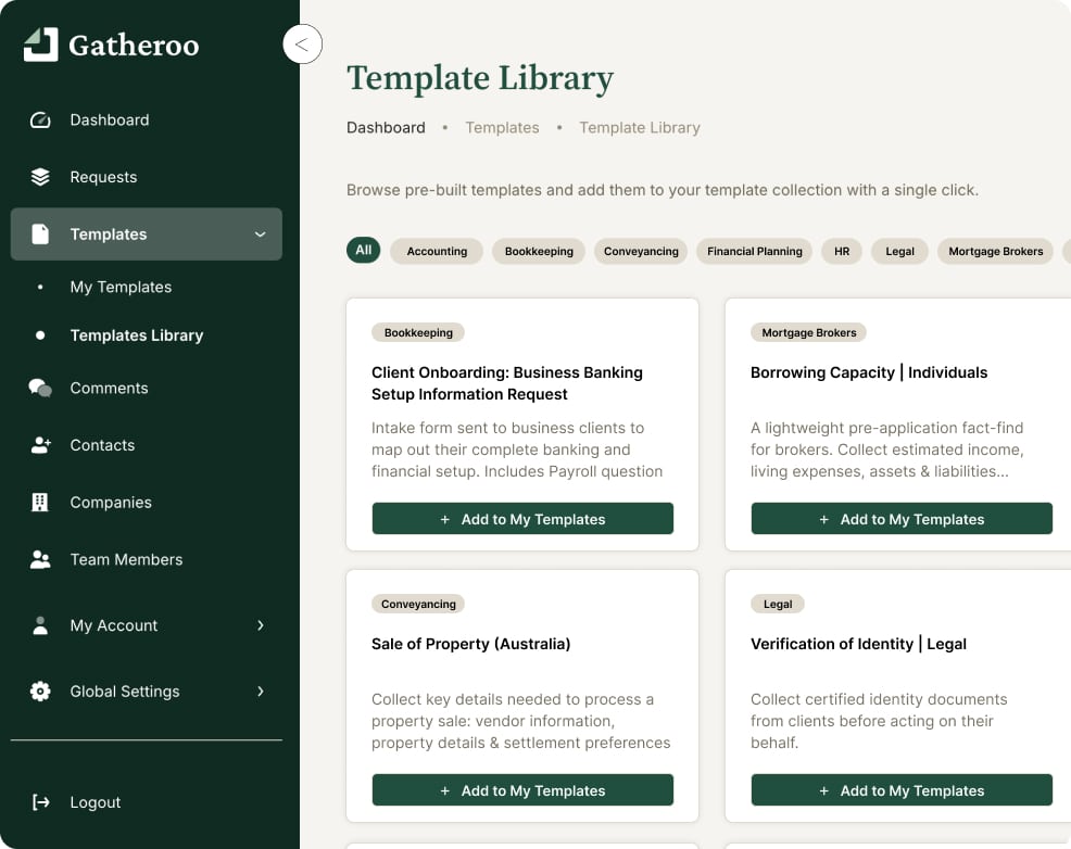 Screen showing Gatheroo's templates library