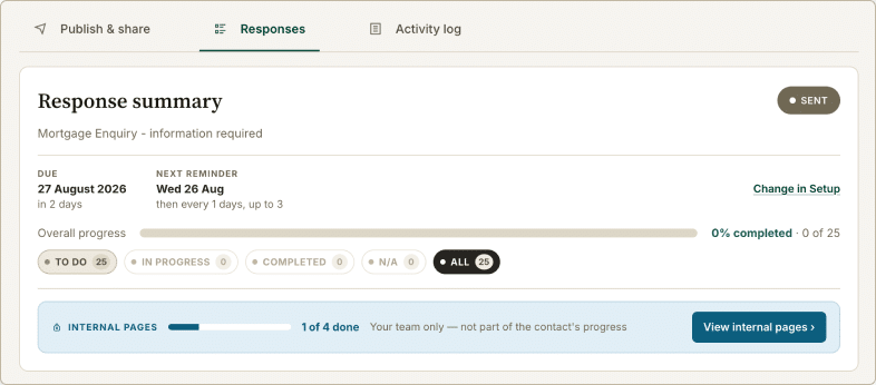 Internal pages are summarised under their own heading in the response tab