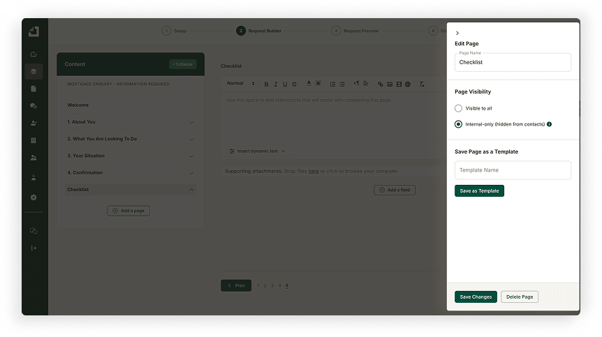 Internal Pages settings hide these pages from clients, while allowing the team to add their own notes to the request